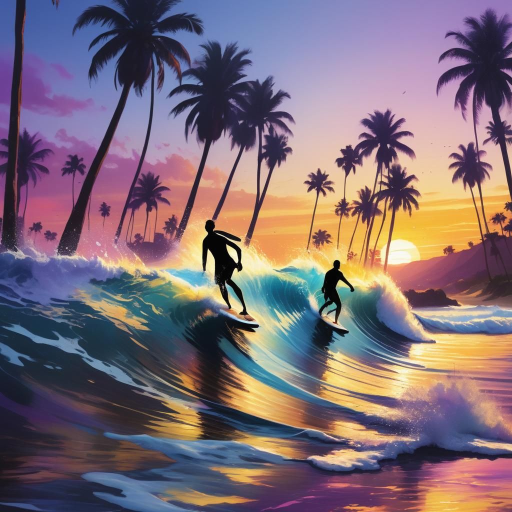 Golden Hour Beach Scene with Surfers Riding the Last Wave