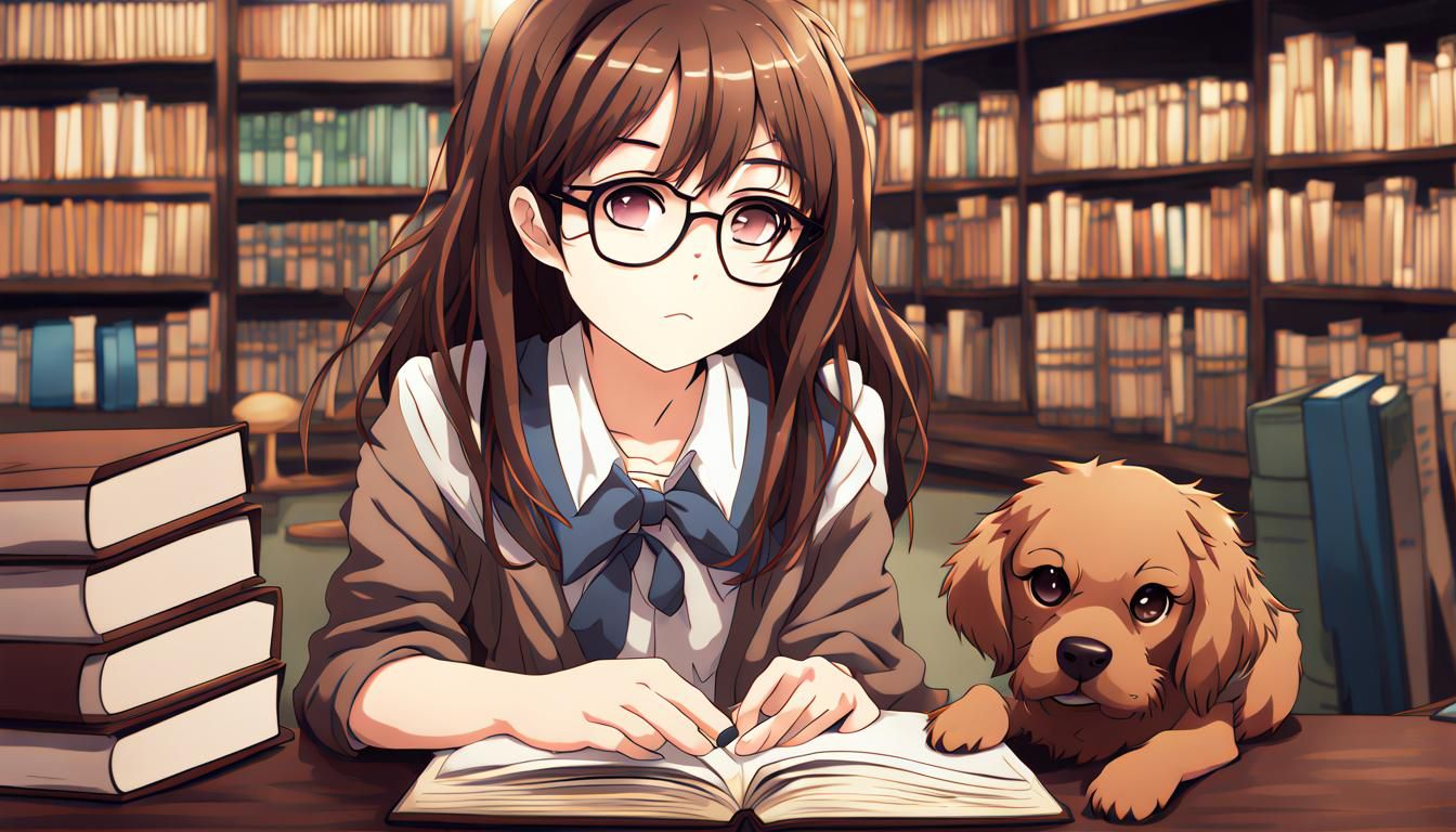Anime Dog Girl with Glasses in Library