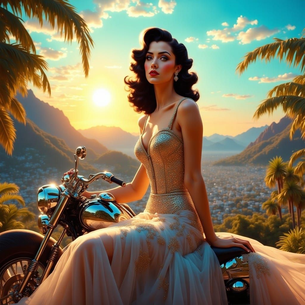 Ethereal Woman on Motorcycle in Dreamlike Landscape