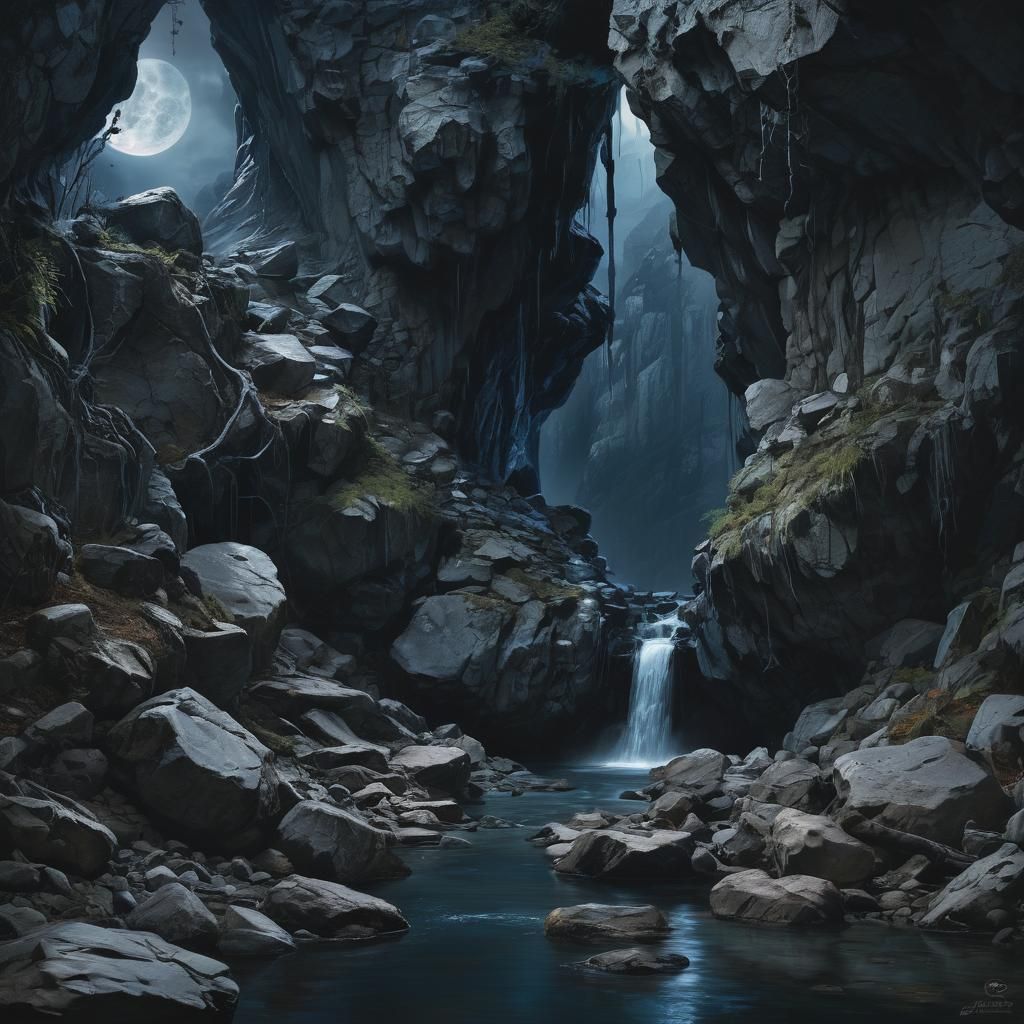 Sinister Dark Forest Cave with Melancholy Moon