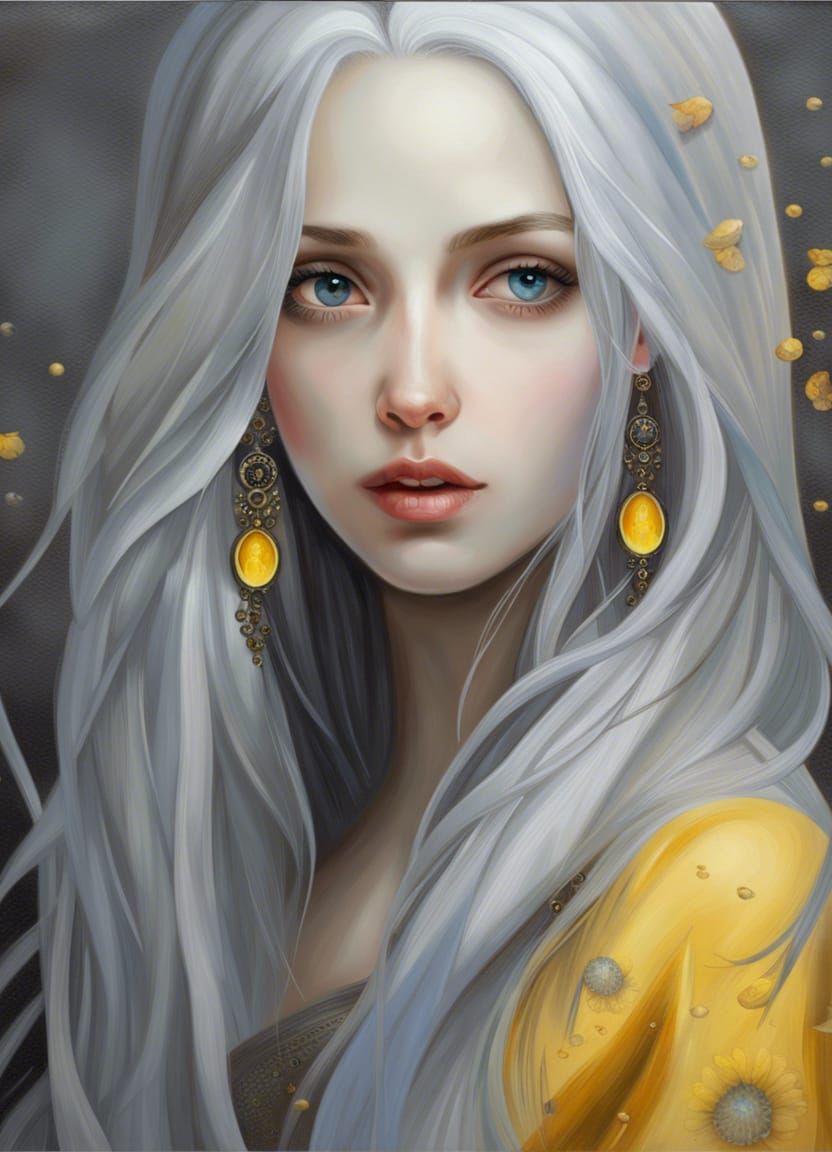 Gorgeous Grey-Haired Woman in Detailed Oil Painting