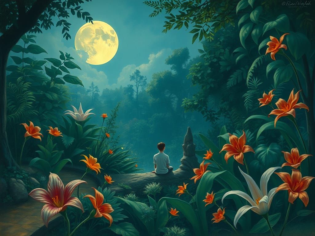 Enchanted Moonlit Garden Scene in Whimsical Watercolor Style