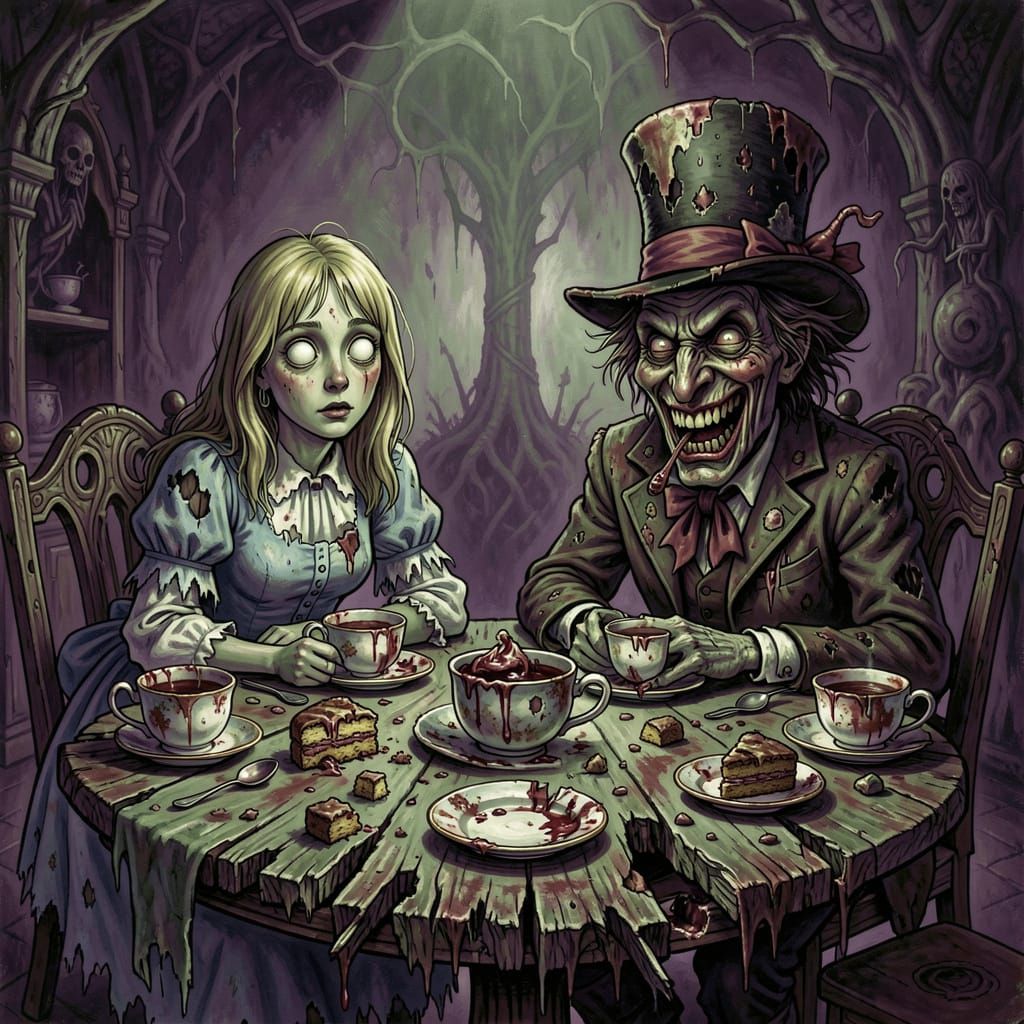 Nightmarish Tea Party with Grotesque Alice and Mad Hatter