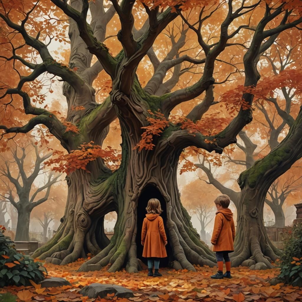 Children Playing in Autumn Garden, Detailed Matte Painting