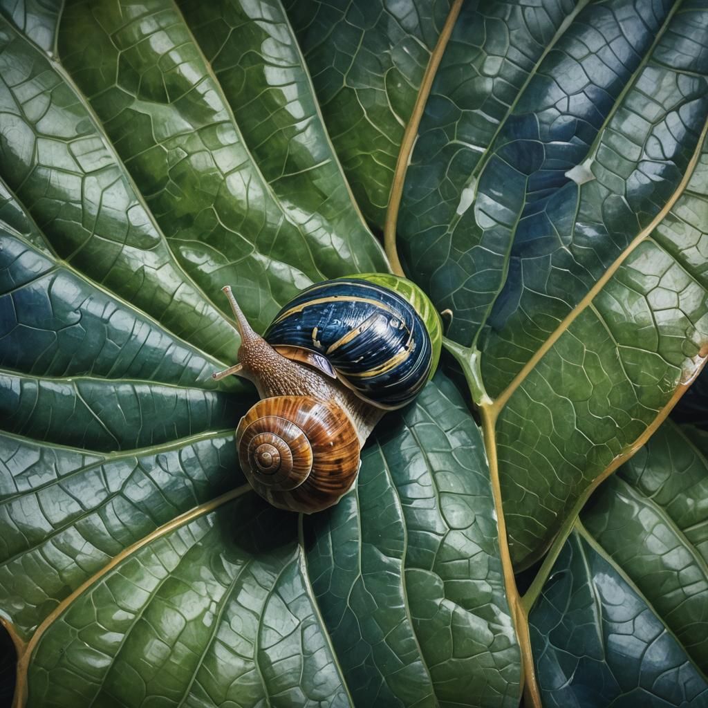 Snail Crawling on Leaf in Impasto Oil Painting Style