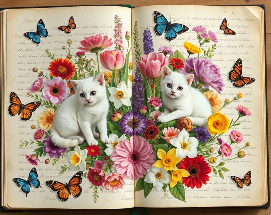 Vibrant Botanical Collage with Whimsical White Kittens