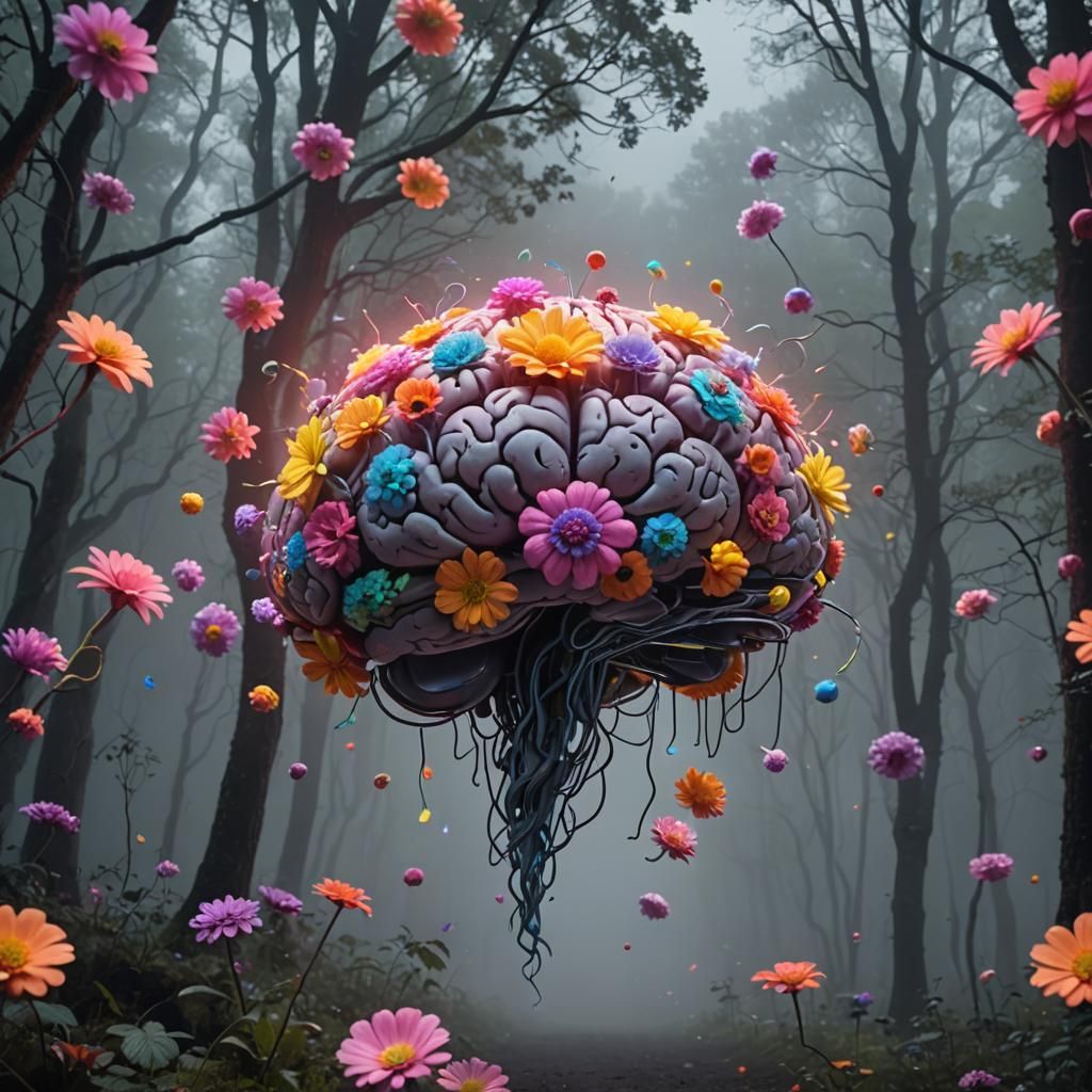 Neon Floral Brain Soars Through Foggy Forest
