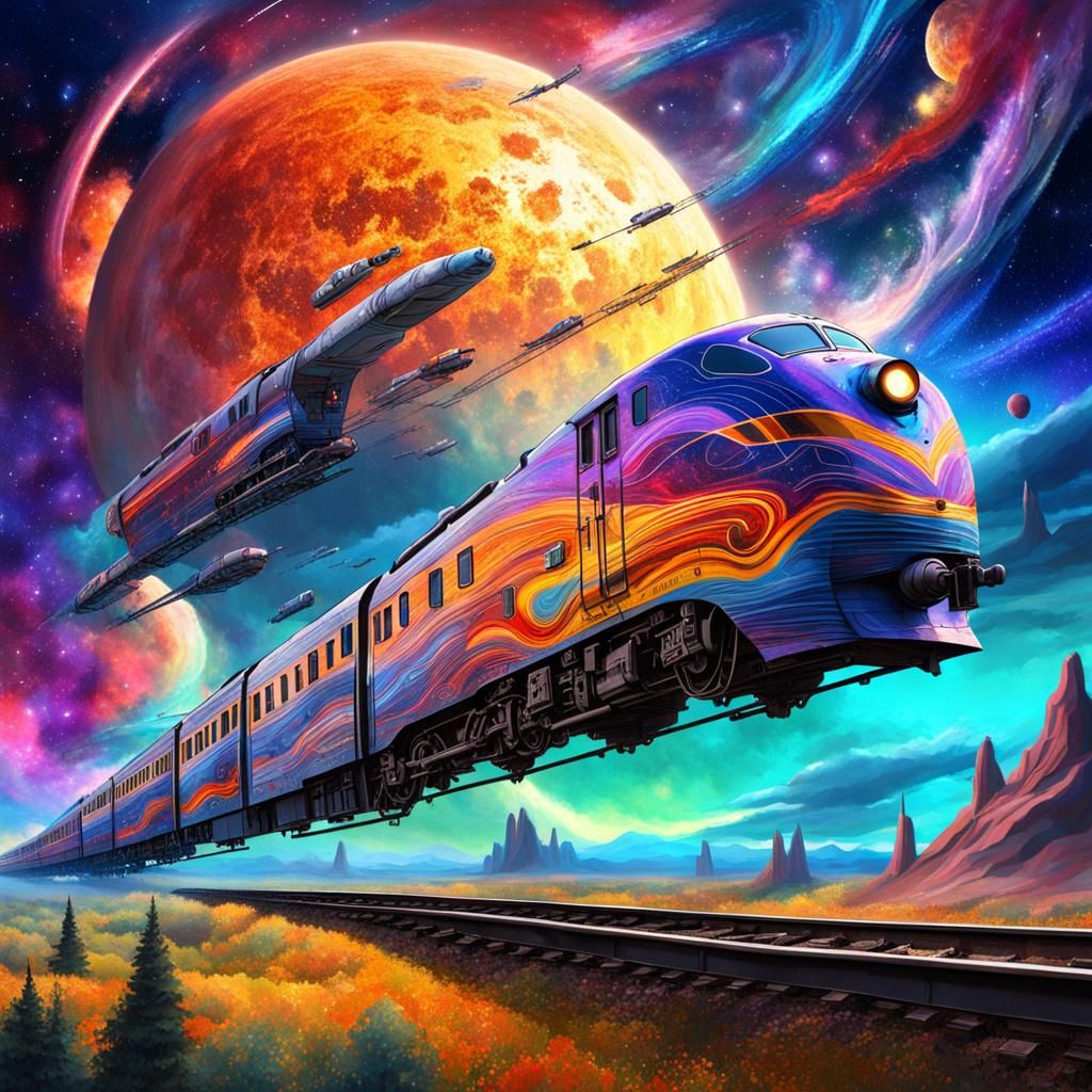 Futuristic Train Under Cosmic Sky, Breathtaking Colors
