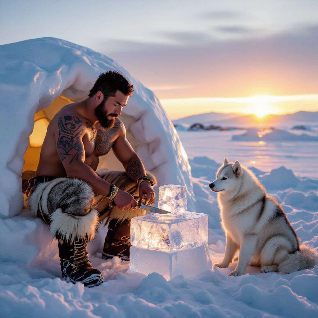 Rainbow Sunset Illuminates Inuit Ice Sculptor