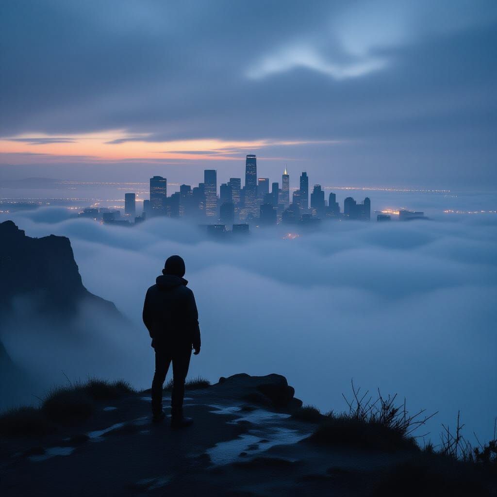 Figure Contemplates Vast Cityscape from Cliff Edge