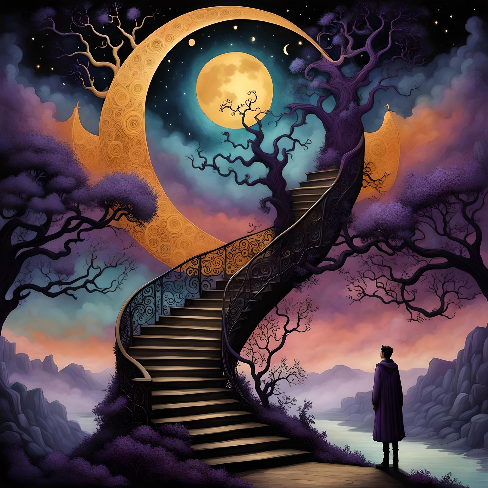 Surreal Figure on Dendritic Sun Moon Staircase