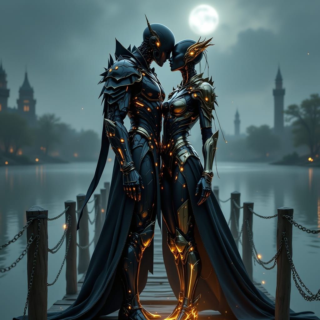 Armored Cyborg Couple Kissing in Moonlight