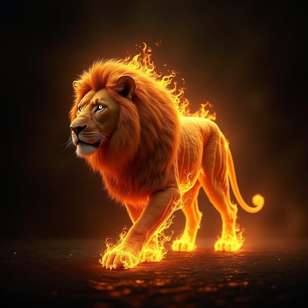 Golden Lion Roams Cinematic Flamescape