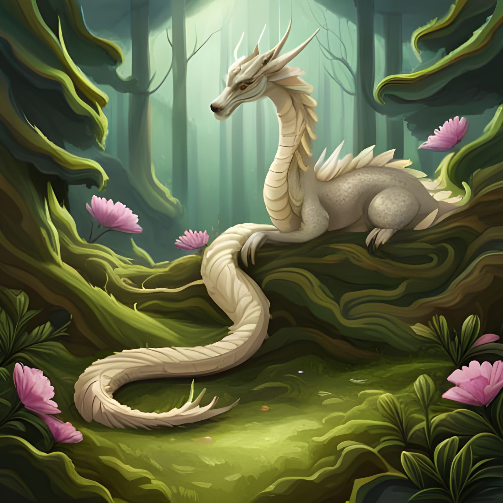 Elegant Dragon Sleeps on Bed of Flowers