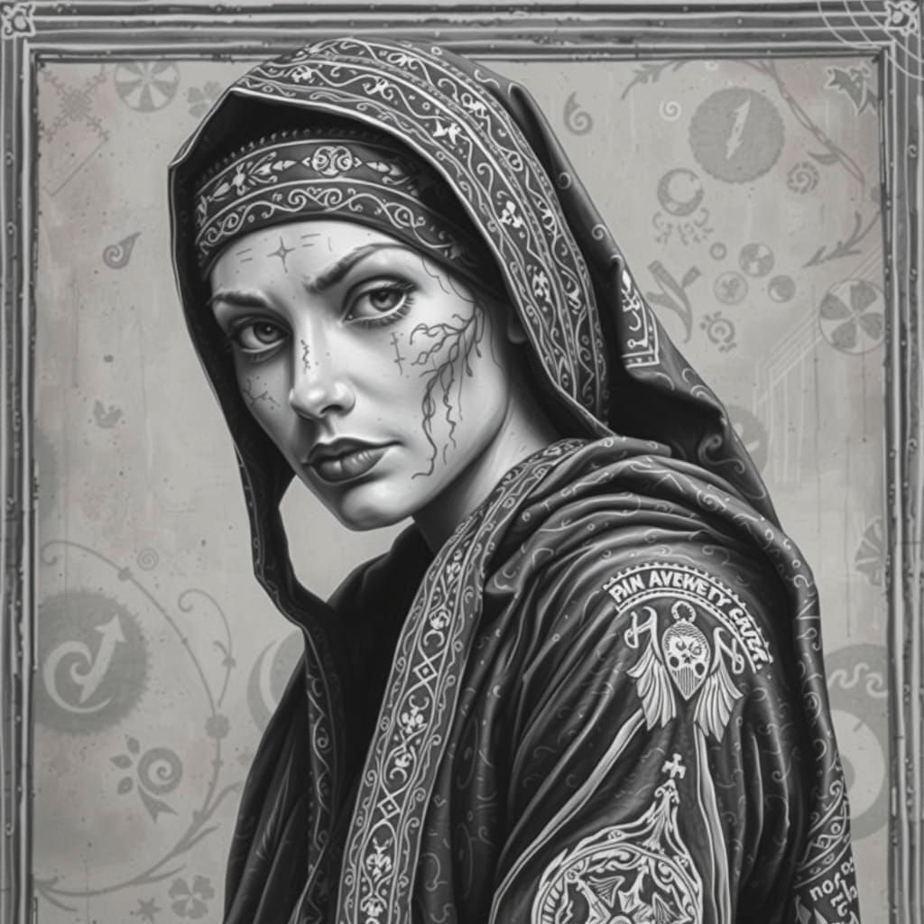 Solemn Nun Adorns Isolated White Background with Intricate T...