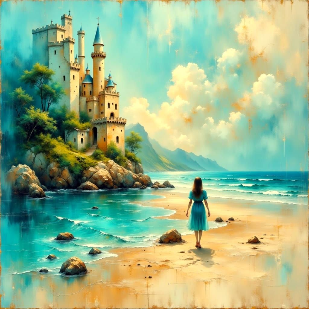 Turquoise and Gold Sandcastles in Neon Grunge Style