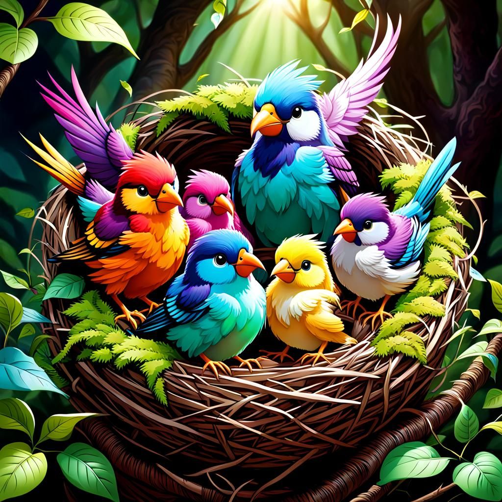 Colorful Magical Birds in a Nest