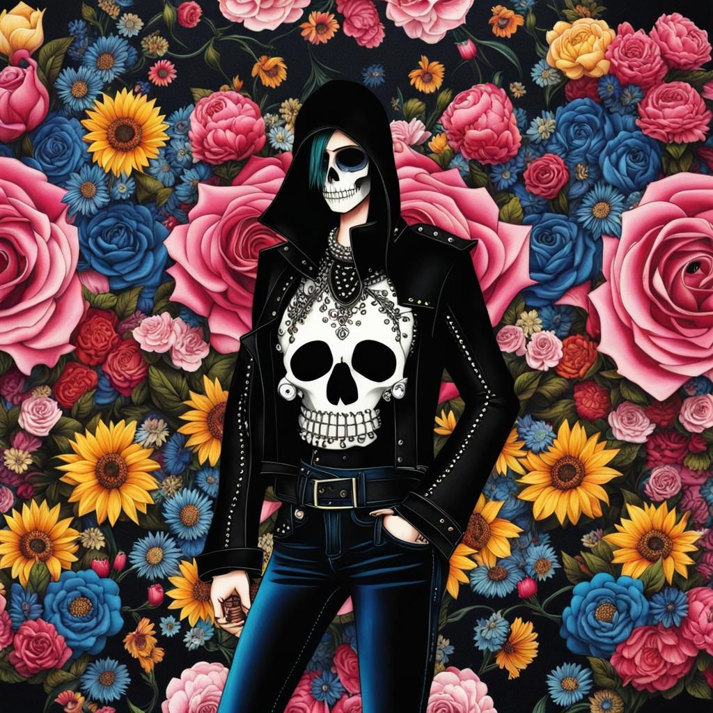 Gothic Rock and Roll Collage with Skull and Flowers