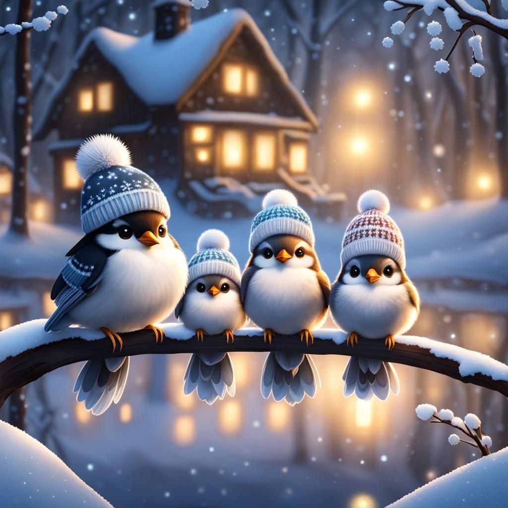 Bird Family on a Winter's Night