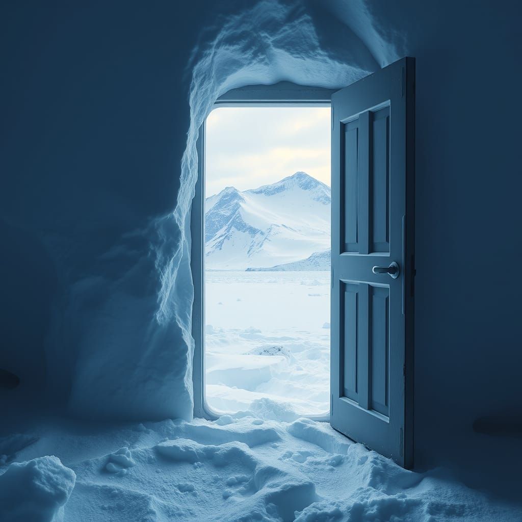 Hyperrealistic Open Door in Arctic Landscape