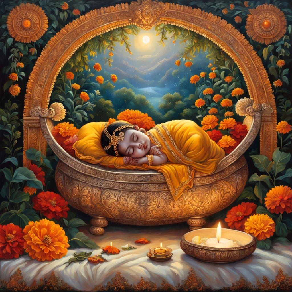 Baby Krishna in Manger, Imaginative Realism Style