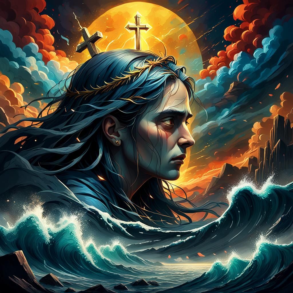 ((dramatic lighting, emotive, digital painting, cinematic, vibrant colors, striking, religious symbolism, resilience, em...