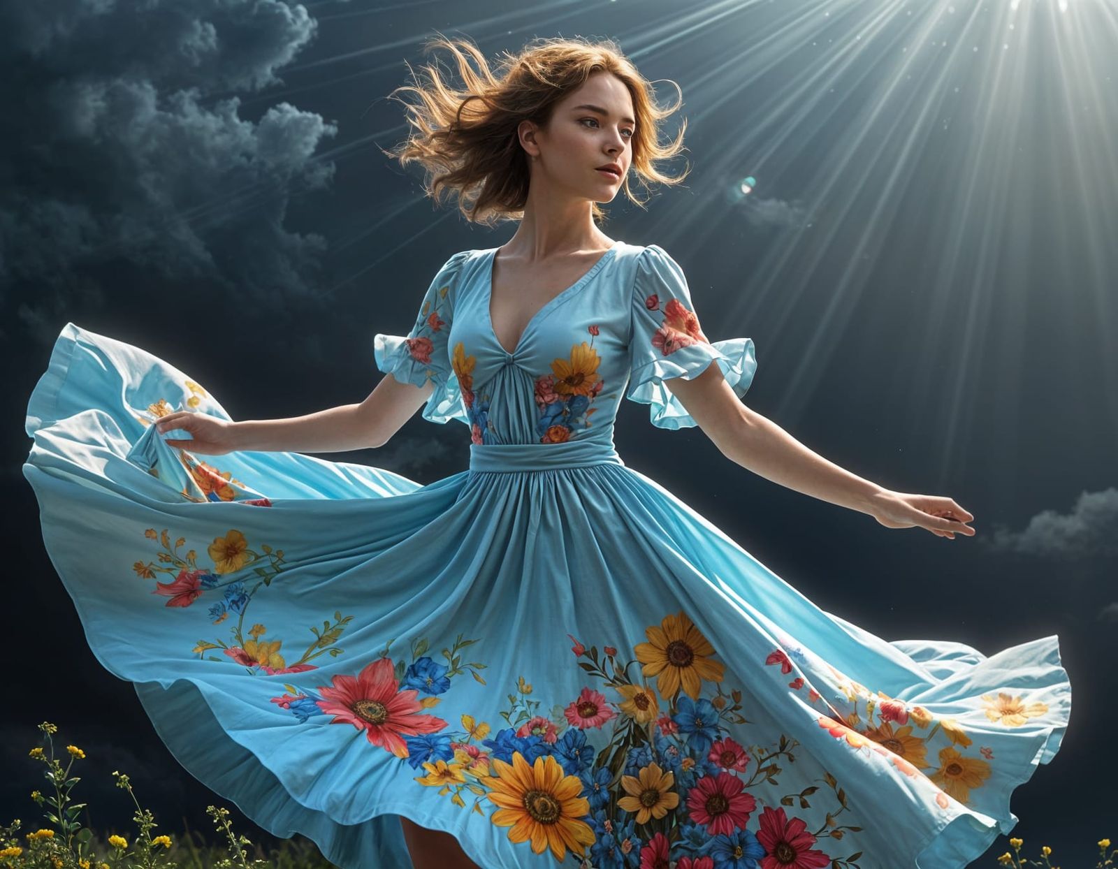 Surrealistic Digital Art of a Girl in a Floral Dress Amidst ...