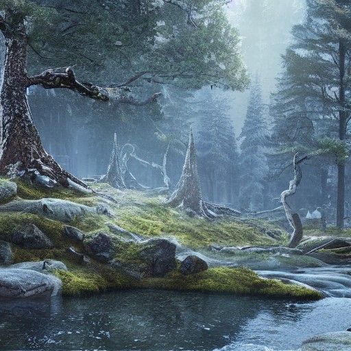 Nordic Forest with Trolls: Detailed Matte Painting