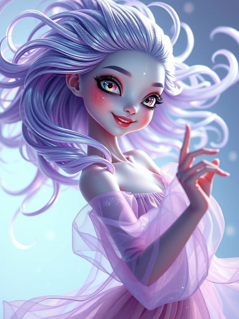 Alien Dancer with Iridescent Hair and Shimmering Eyes