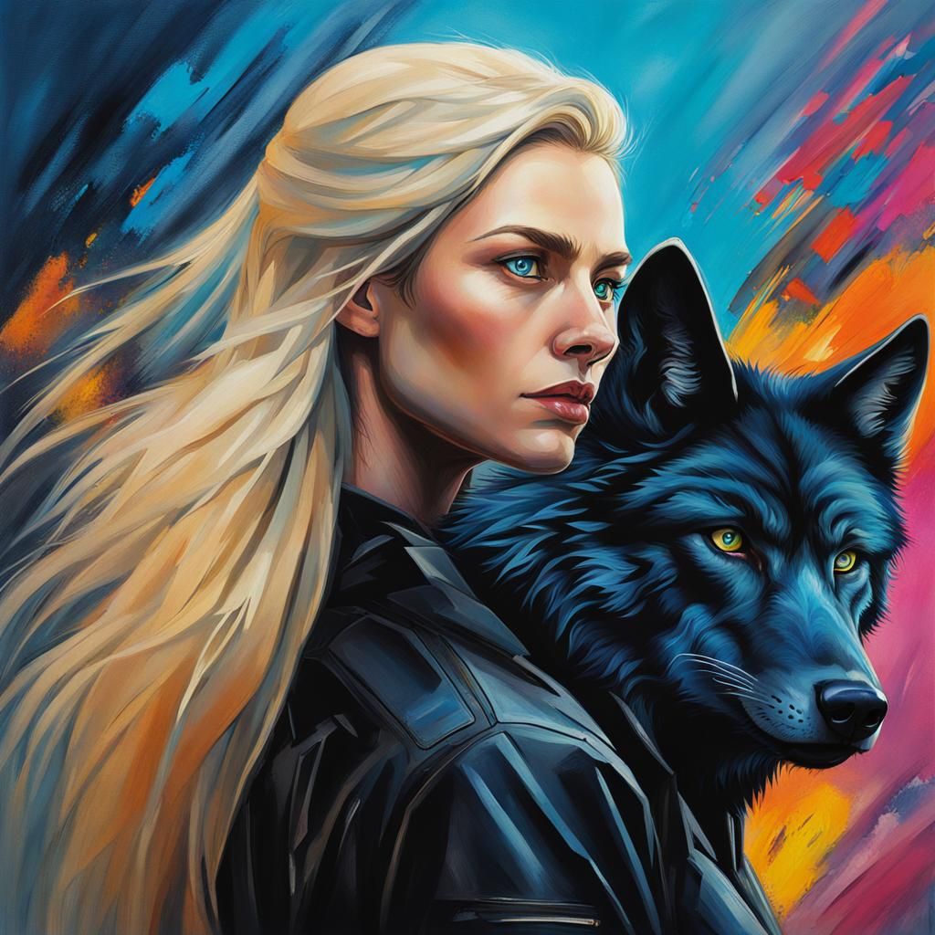 Black Wolf Approaches Woman in Catsuit