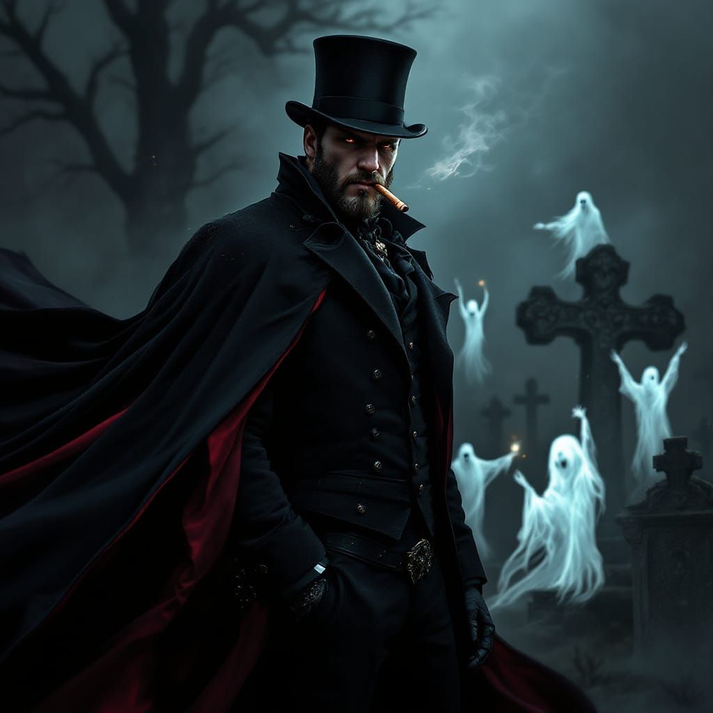 Victorian Strongman in Cemetery with Rising Souls