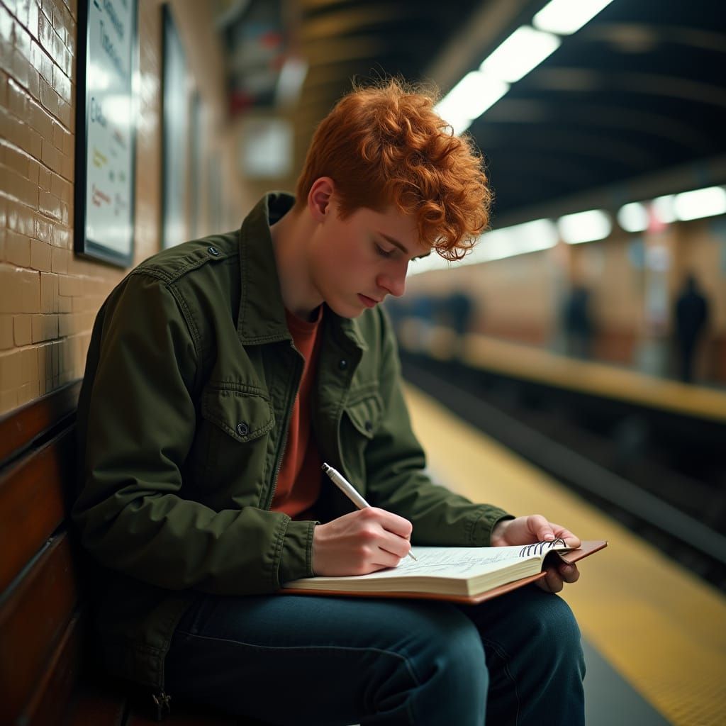 Red-Haired Man Sketches on Subway Platform