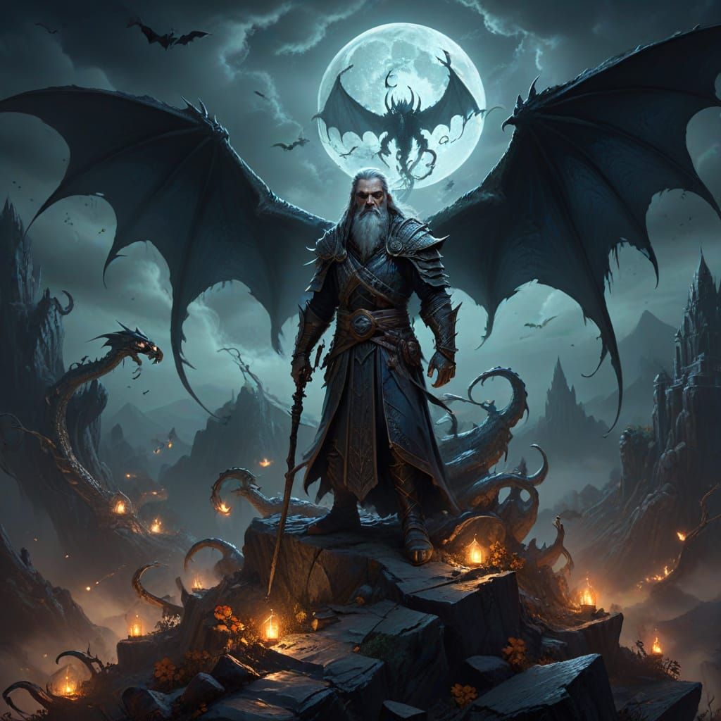 Wise Wizard on Moonlit Peak With Dragons and Glowing Webs