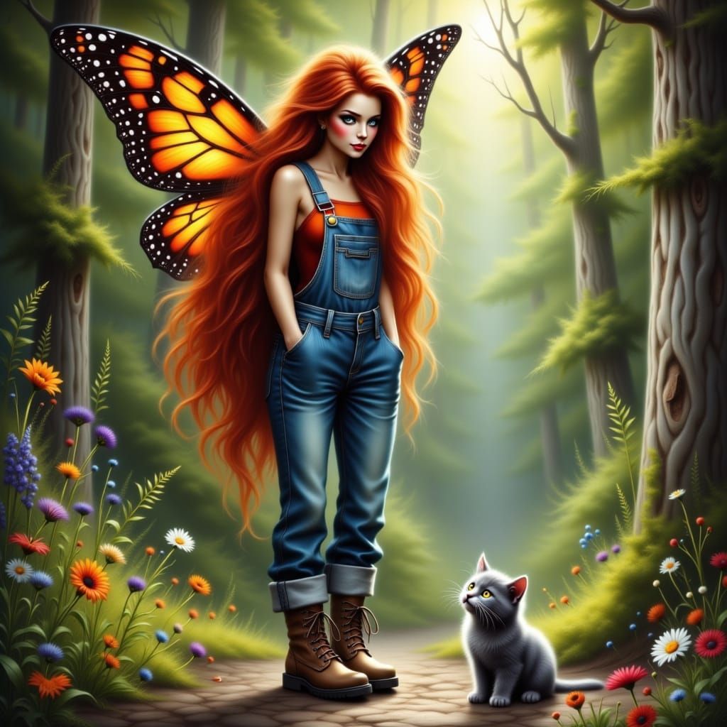 Red-Haired Fairy and Kitten in Grungy Style