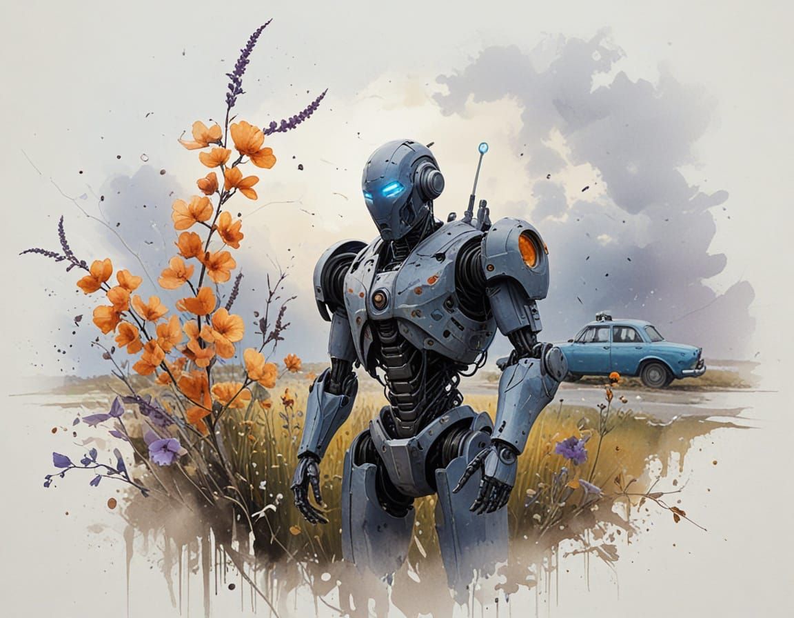 Robotic Guardian Over Bioluminescent Flowers on Ruined Highw...