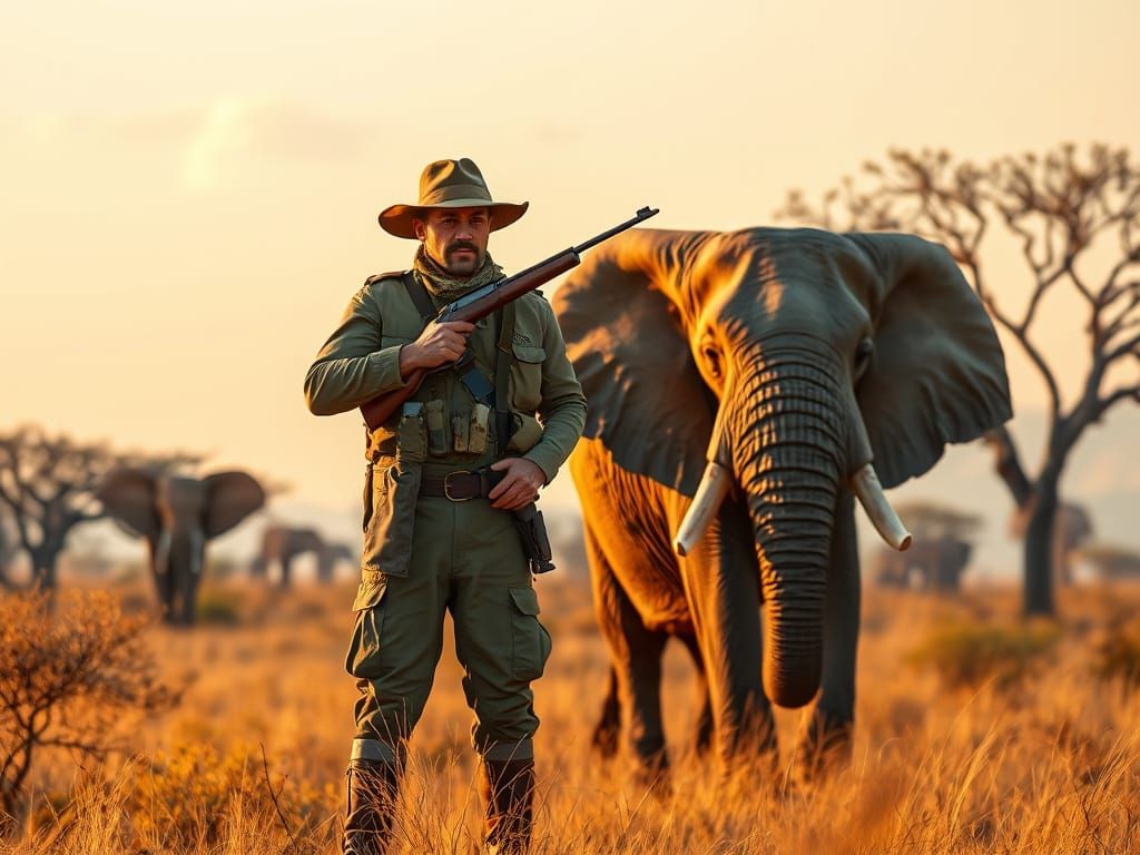 Hunter with Rifle and Elephant in African Savannah