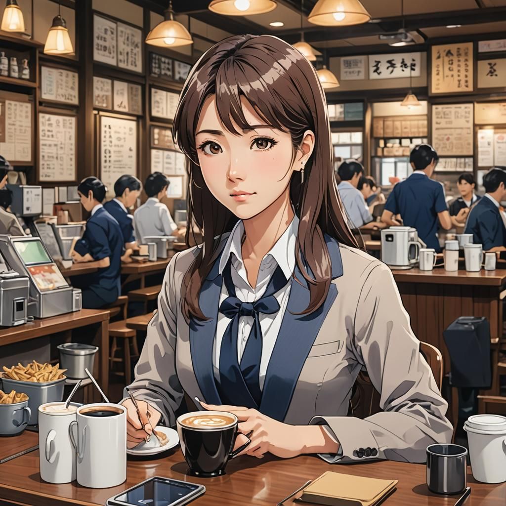 Business Woman in Japanese Cafe: Josei Anime Style