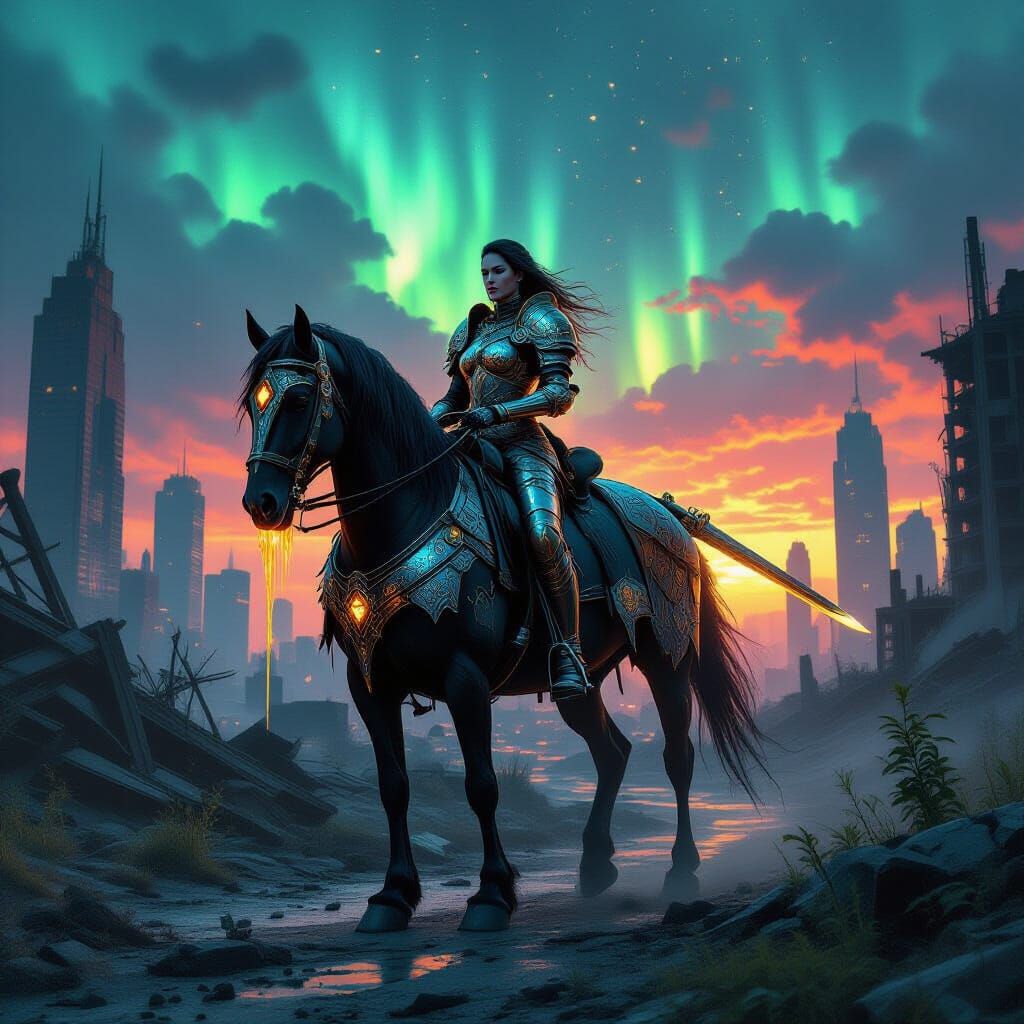 Knight in Stained Glass Armor in Post-Apocalyptic City