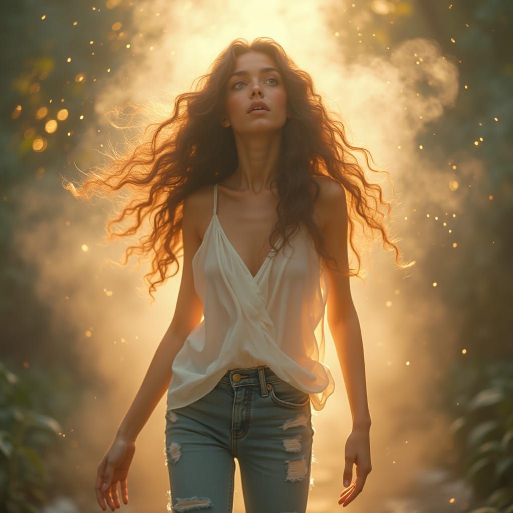 Teenage Girl Radiates Ethereal Glow in Mid-Air