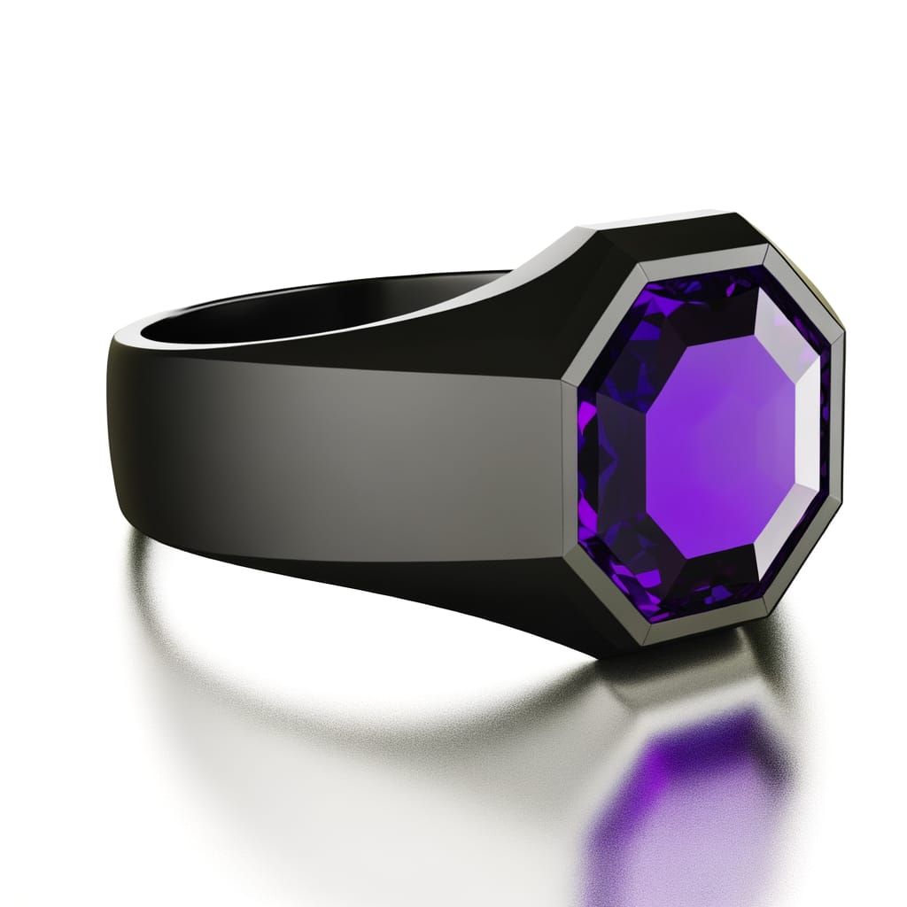 Hyperrealistic Black Ring with Hexagonal Tanzanite Gemstone