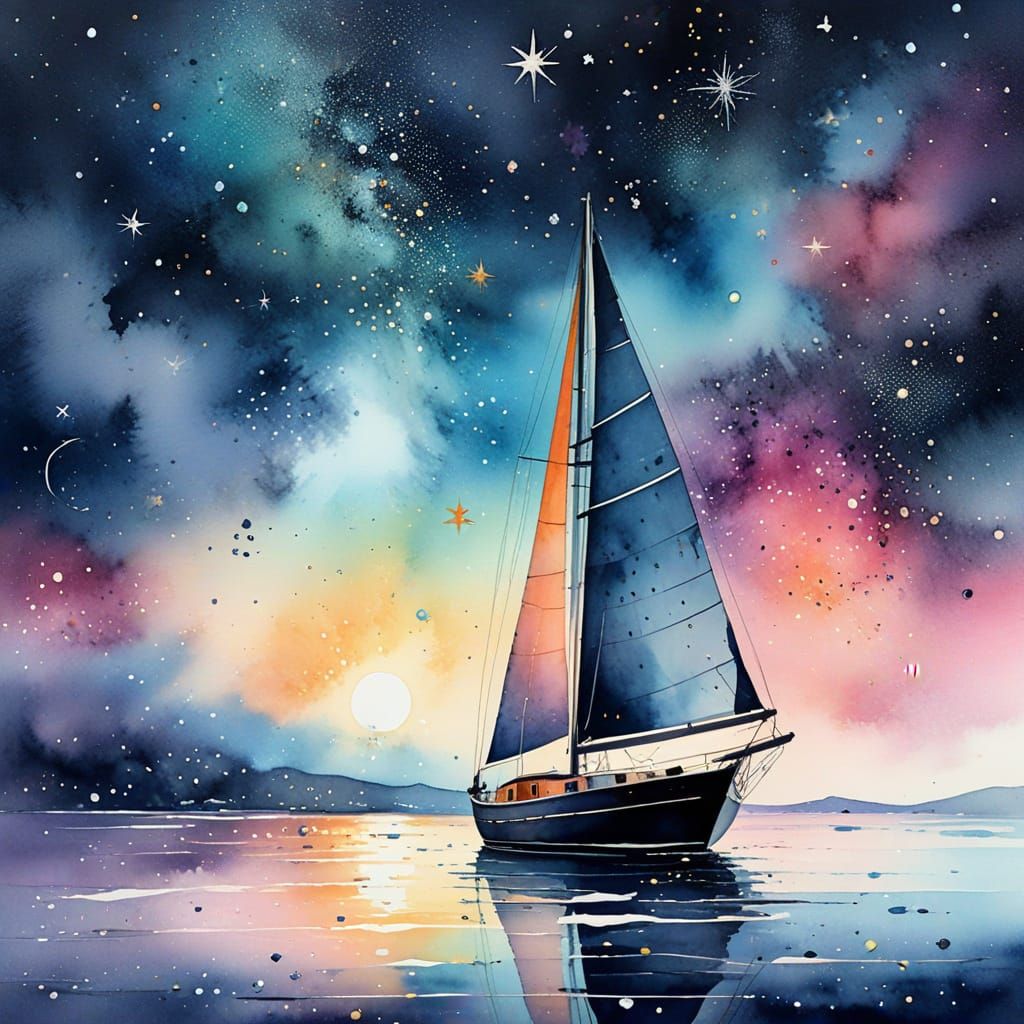 Sailboat Adrift in a Celestial Oceanic Galaxy