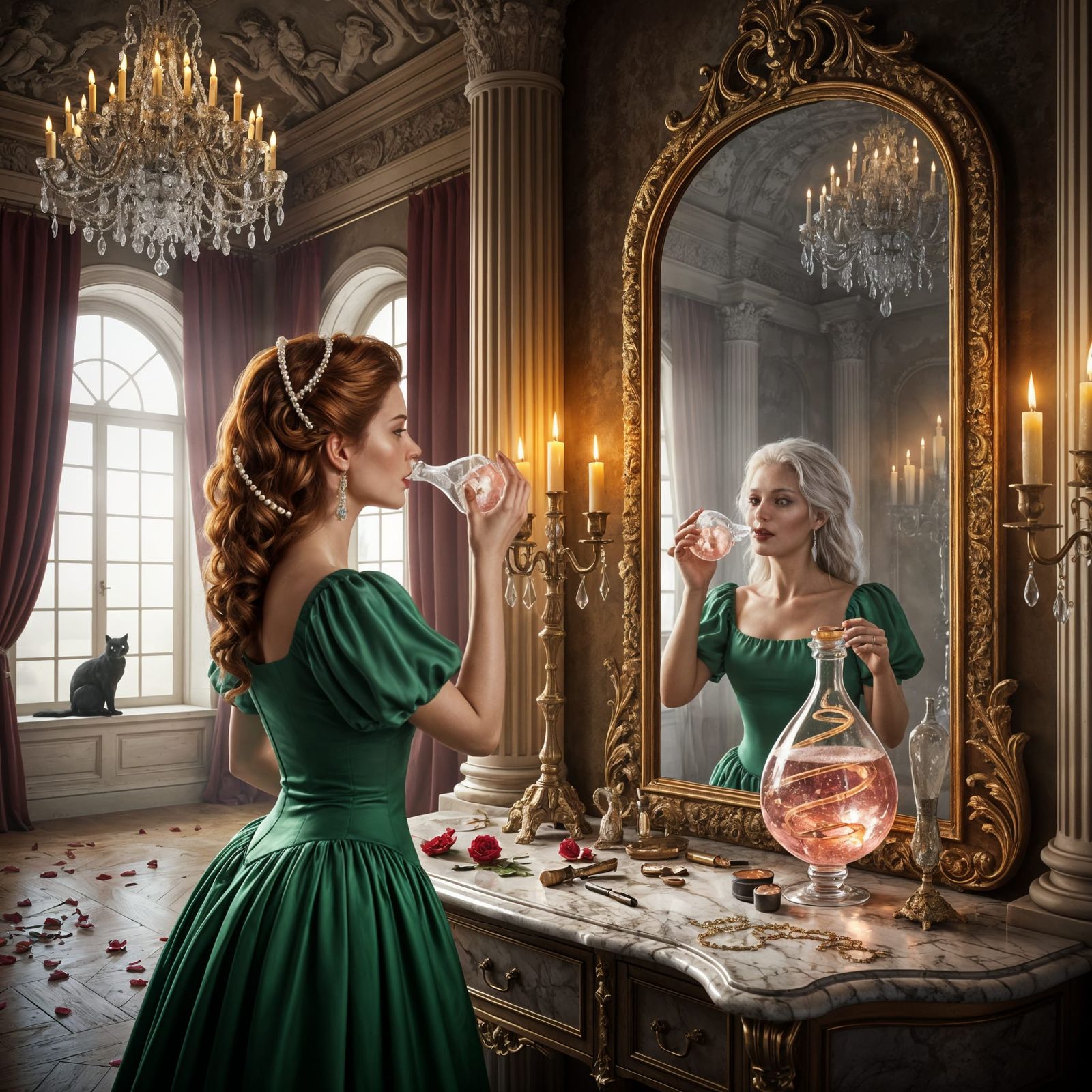 Baroque Oil Painting of Woman's Youthful Illusion in Mirror