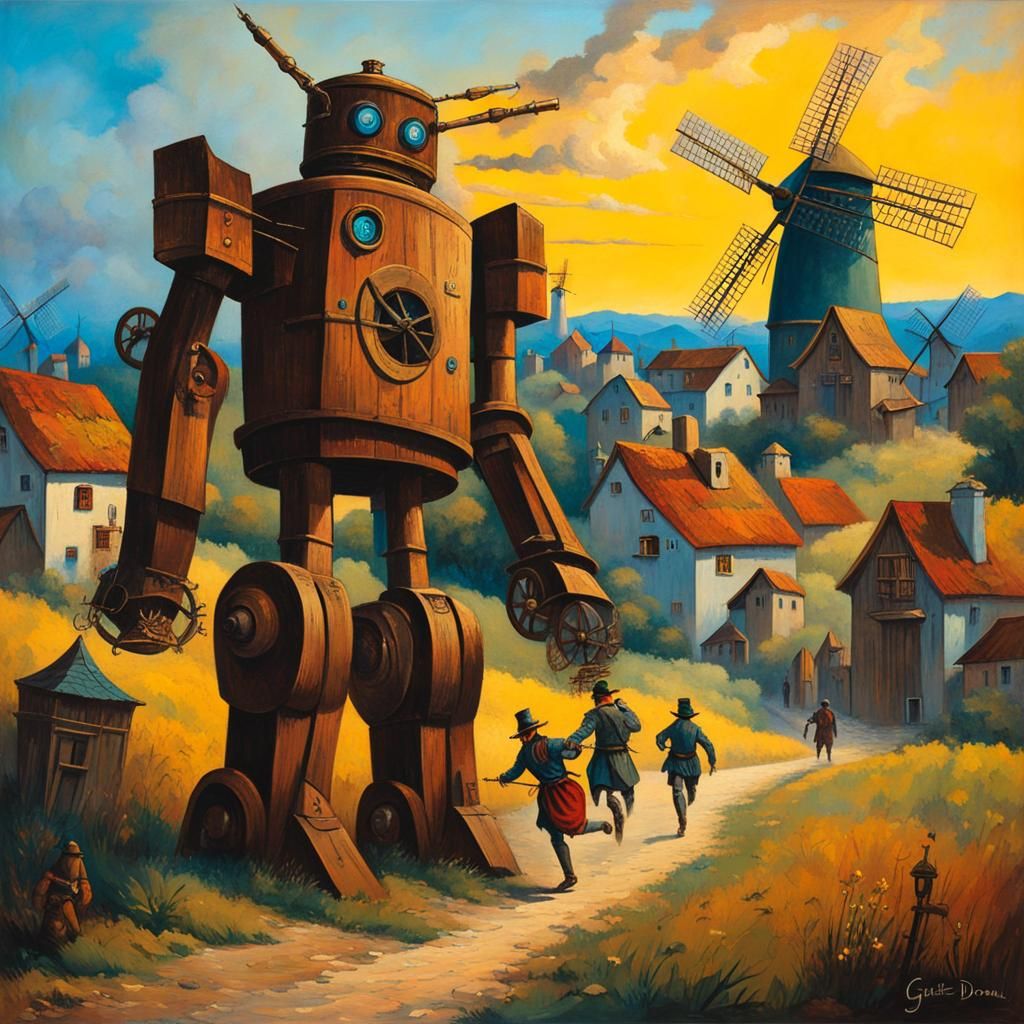 Steampunk Robot Attack on 16th Century Village