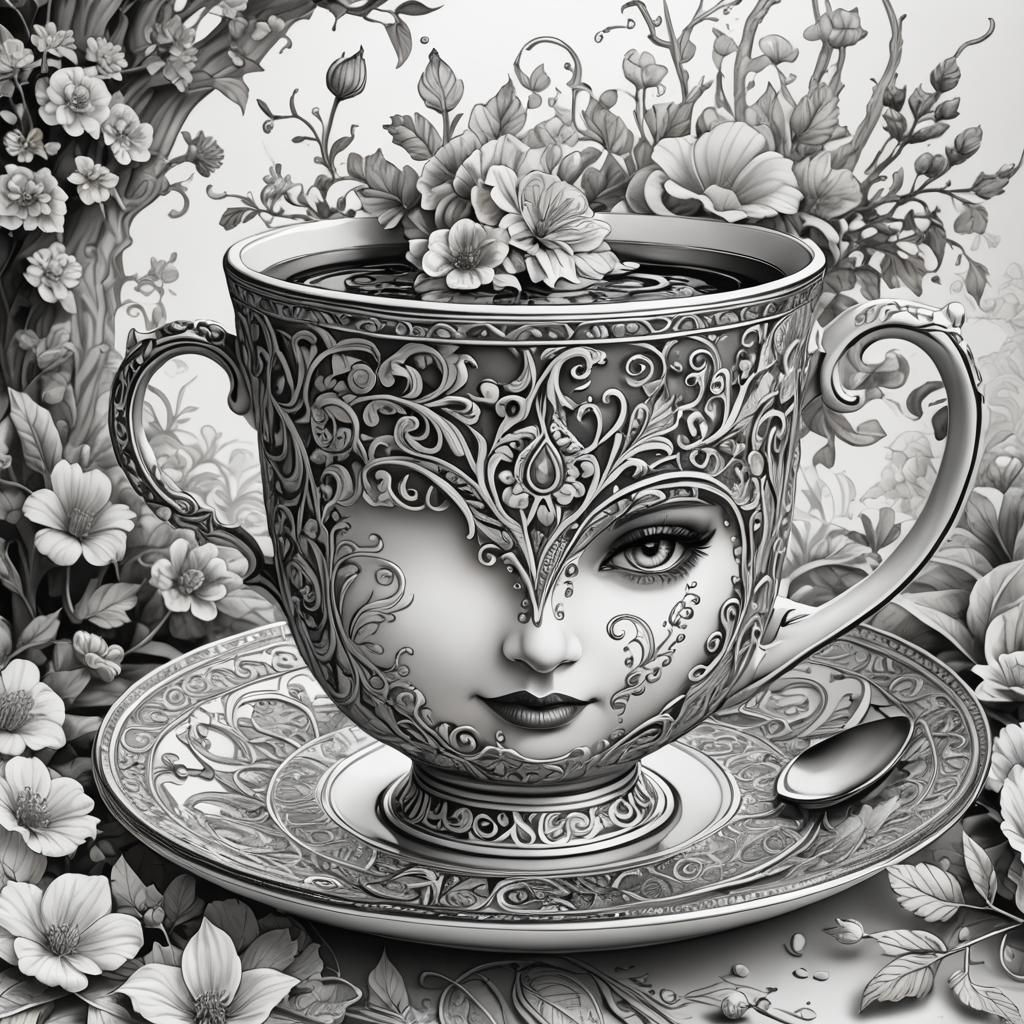 Detailed Line Art Teacup for Coloring Book