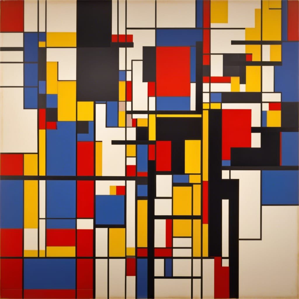 Art by Piet Mondrian, a lively jazz club, geometric abstraction of musicians, patrons, intersecting lines, primary color...