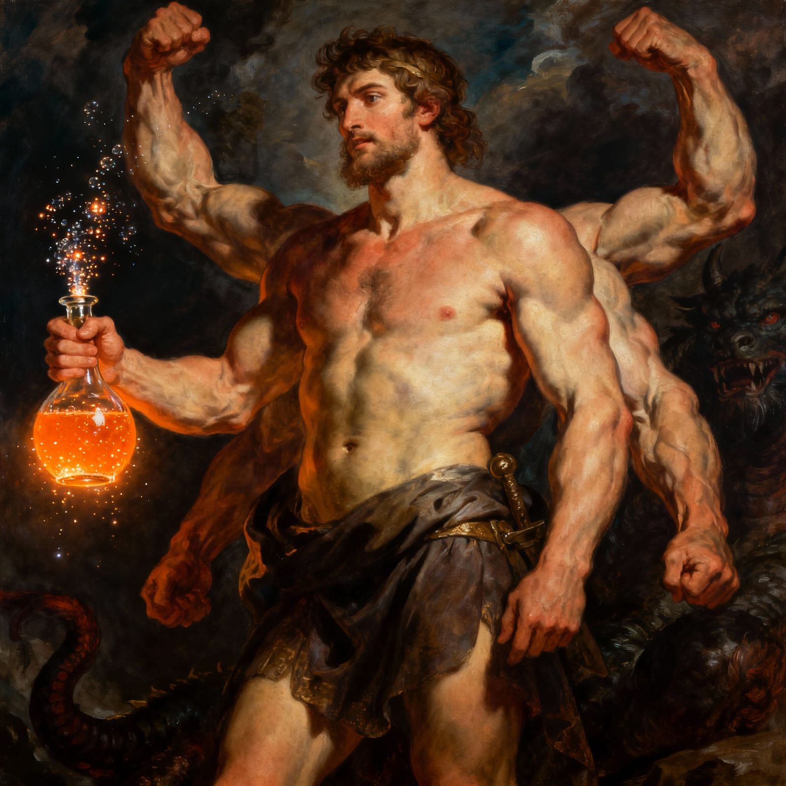 Muscular Theseus With Extra Arms Holds Glowing Flask