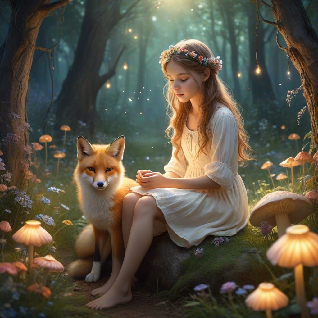 Whimsical Fantasy Girl Surrounded by Fireflies and Wildflowe...