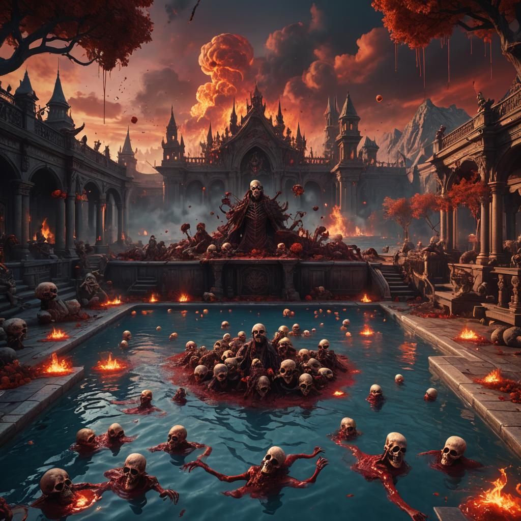 Eerie Pool of Blood with Ghouls in Fantasy Art