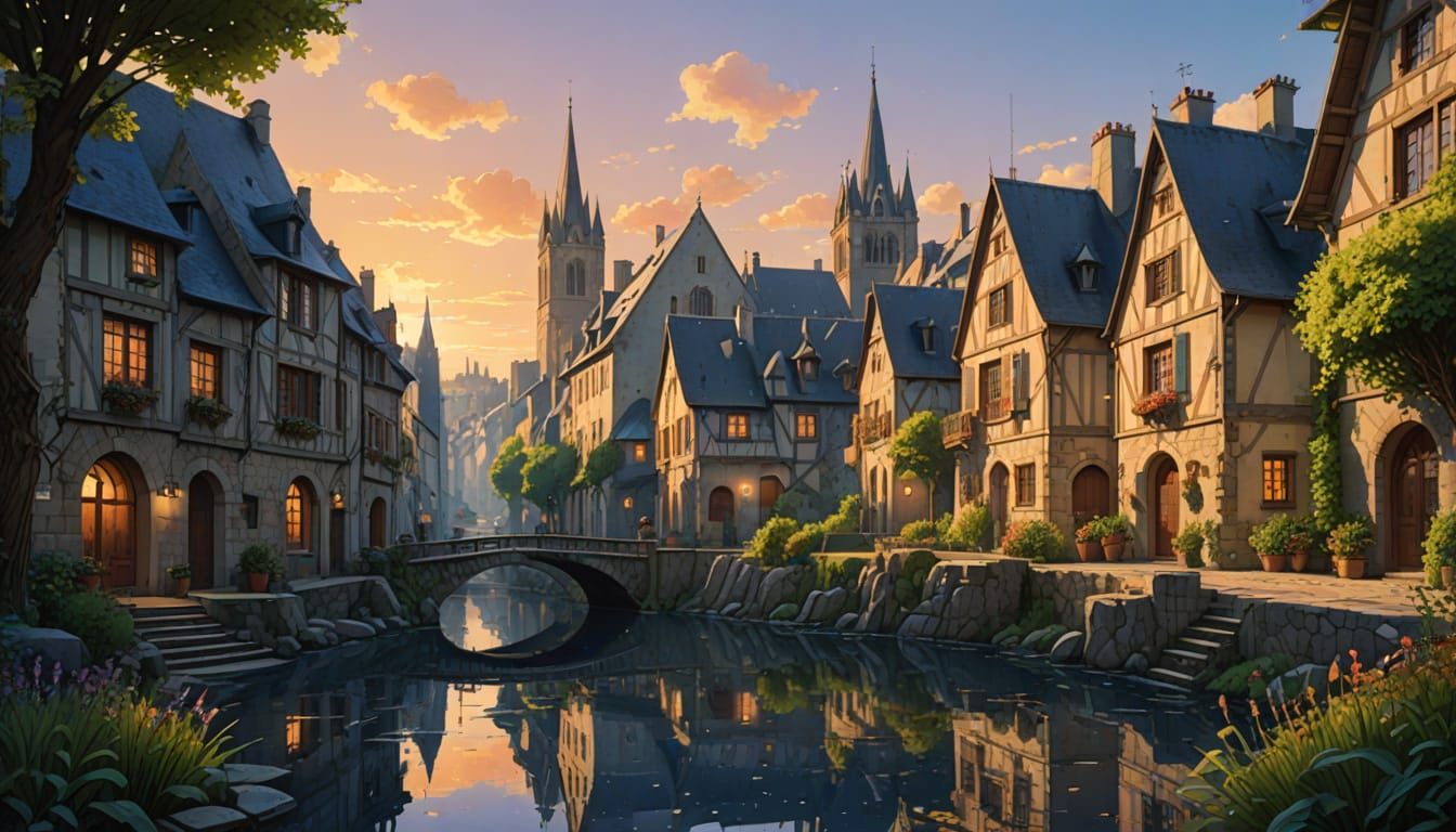 Dawn Over Quimper Village Watercolor Landscape in Dynamic Li...