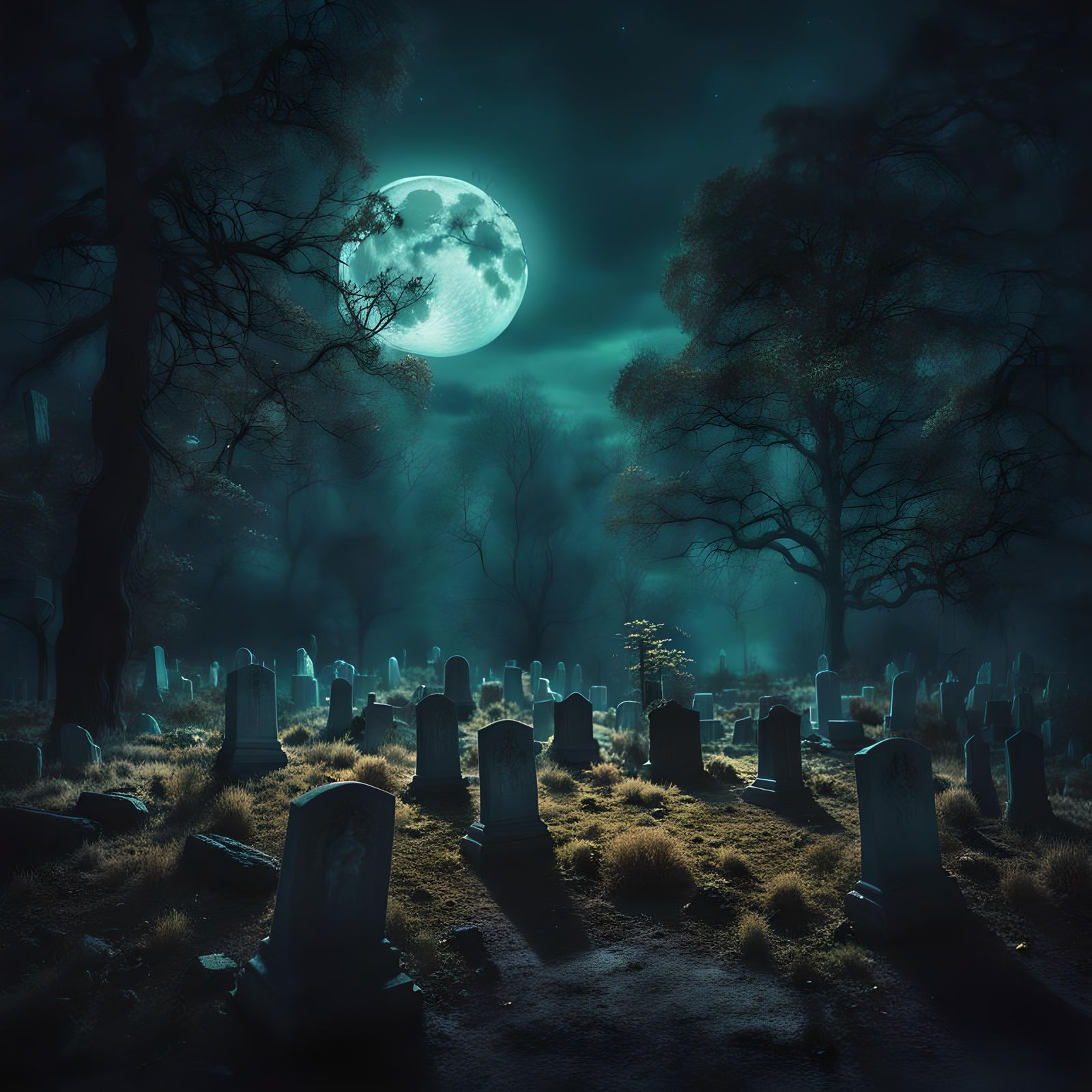 Magical Graveyard Forest with Glowing Ghosts